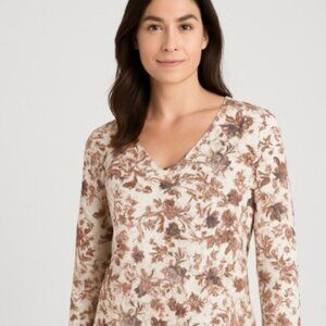 Pure Jill Printed Soft V-Neck Top Women’s M Tall Floral 3/4 Sleeve Cotton Tencel